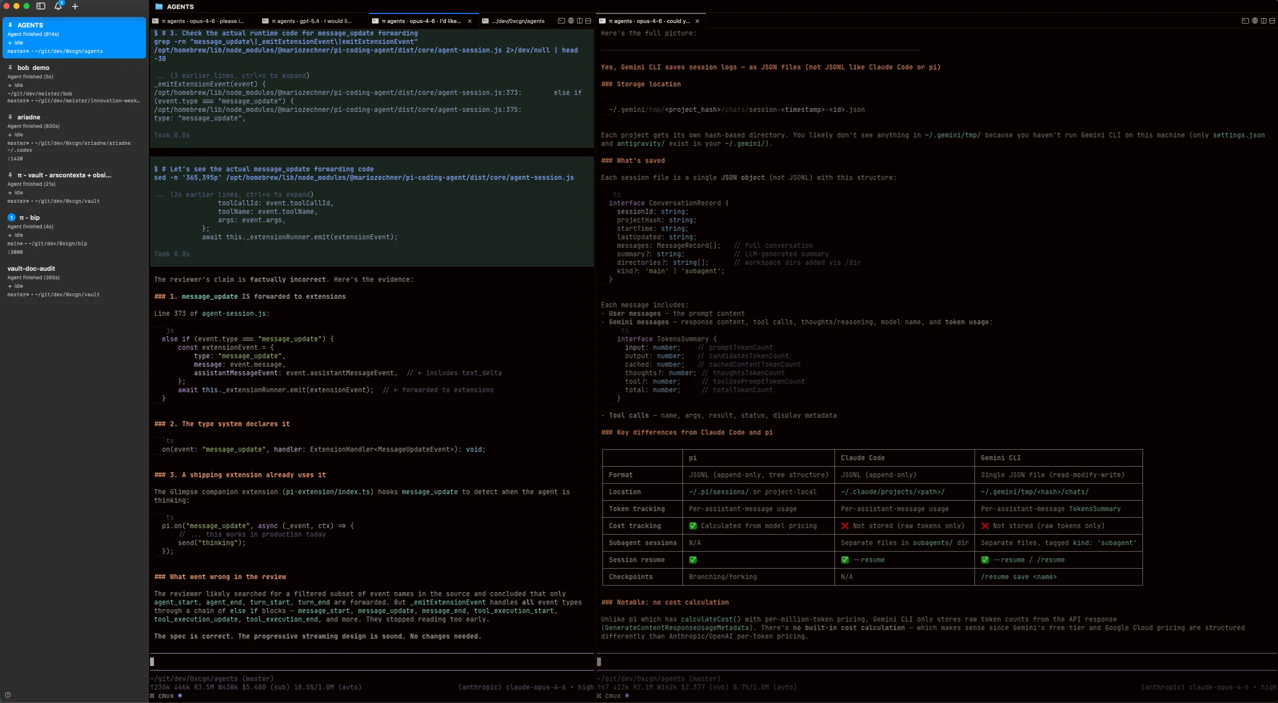 Current setup — cmux with multiple agent sessions across repos
