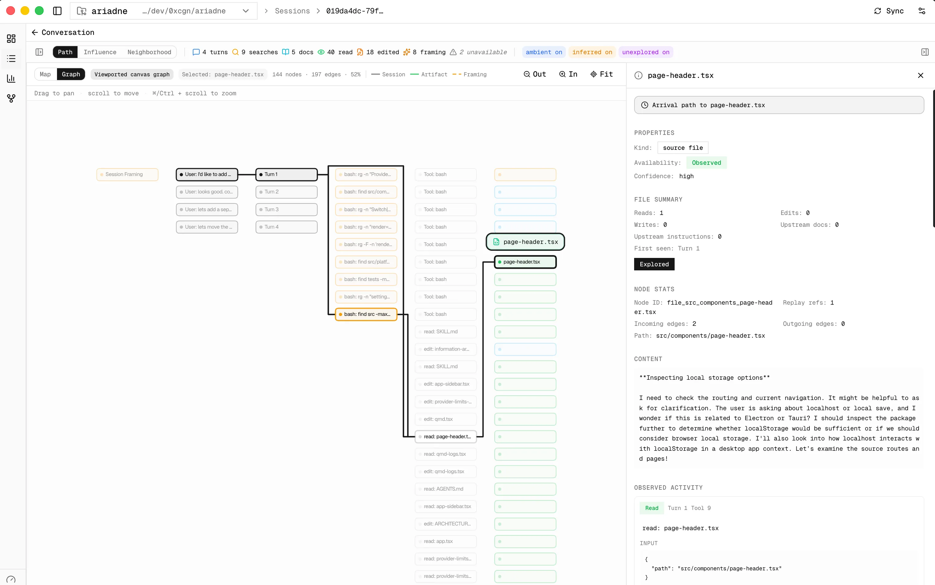 Ariadne exploration graph view showing the path followed through files and actions during a session