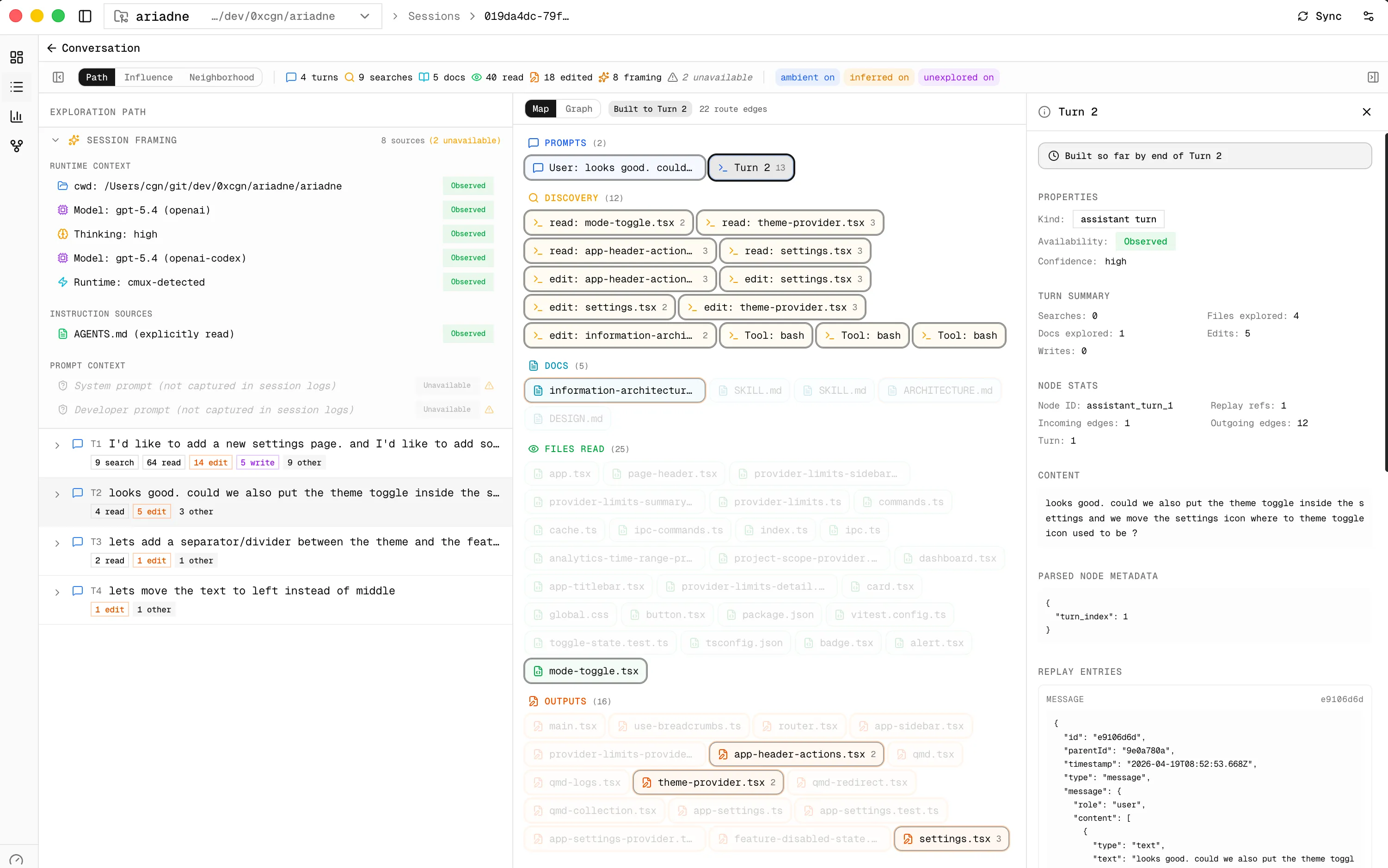 Ariadne exploration view showing a raw map of session events, files, and relationships