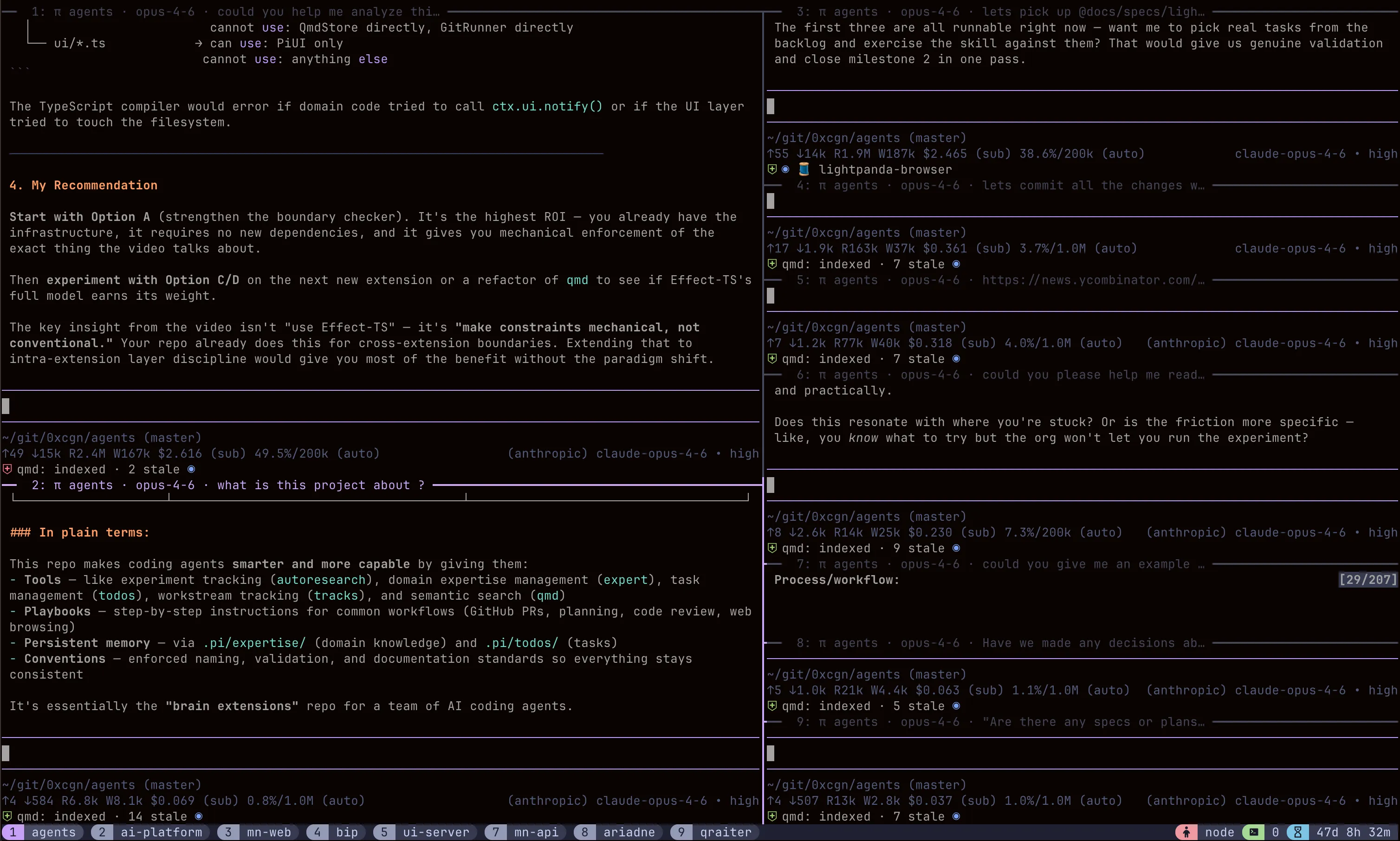 A typical day — tmux chaos across multiple repos and agent sessions