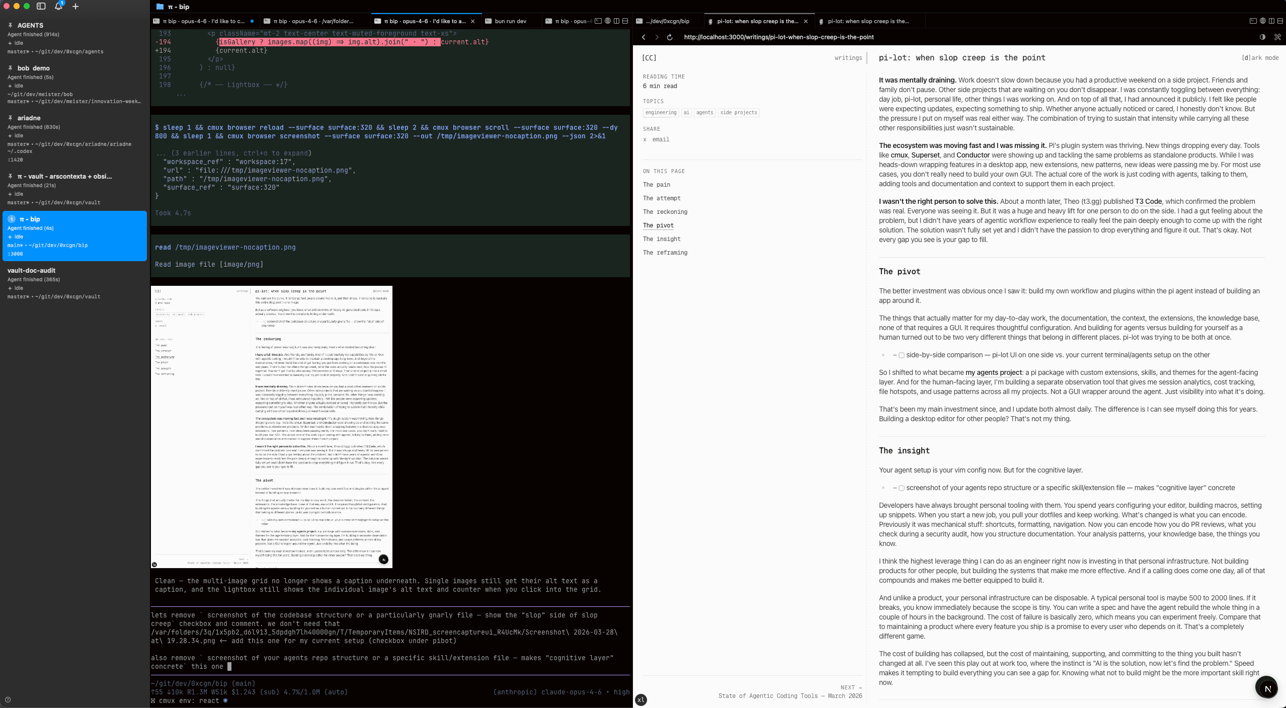 Current setup — agents and blog side by side