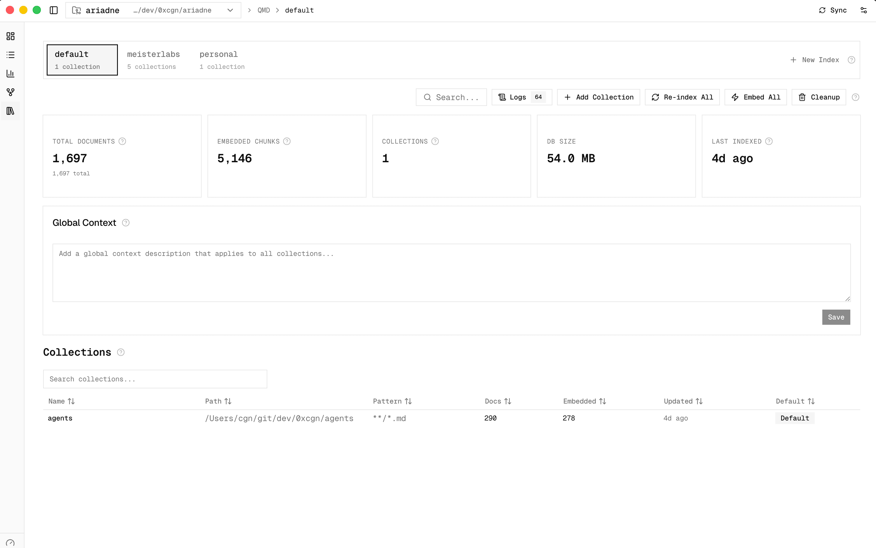 Ariadne QMD management page showing index and collection controls for knowledge workflows