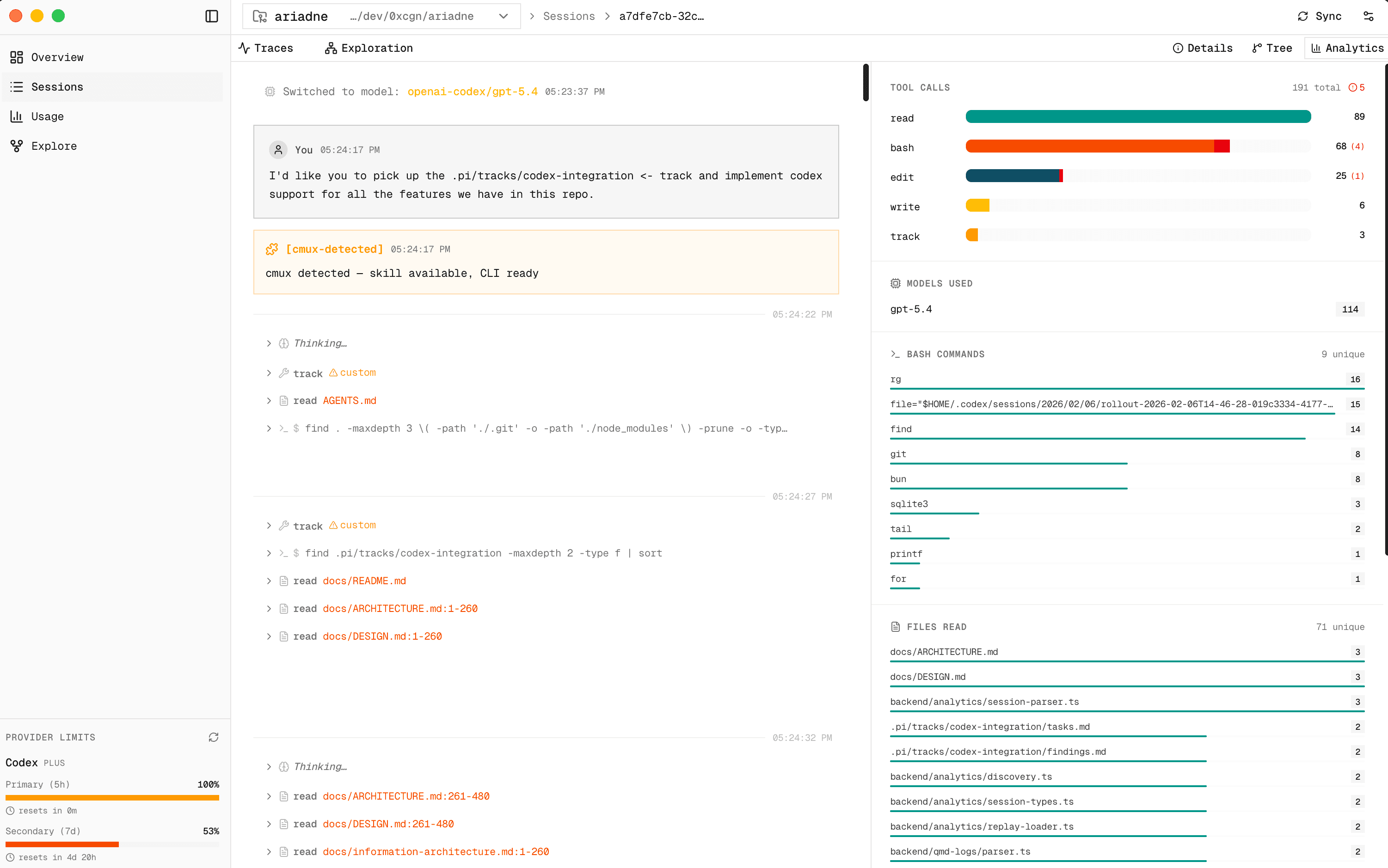Ariadne session detail view with analytics open, showing replay context and session-level breakdowns