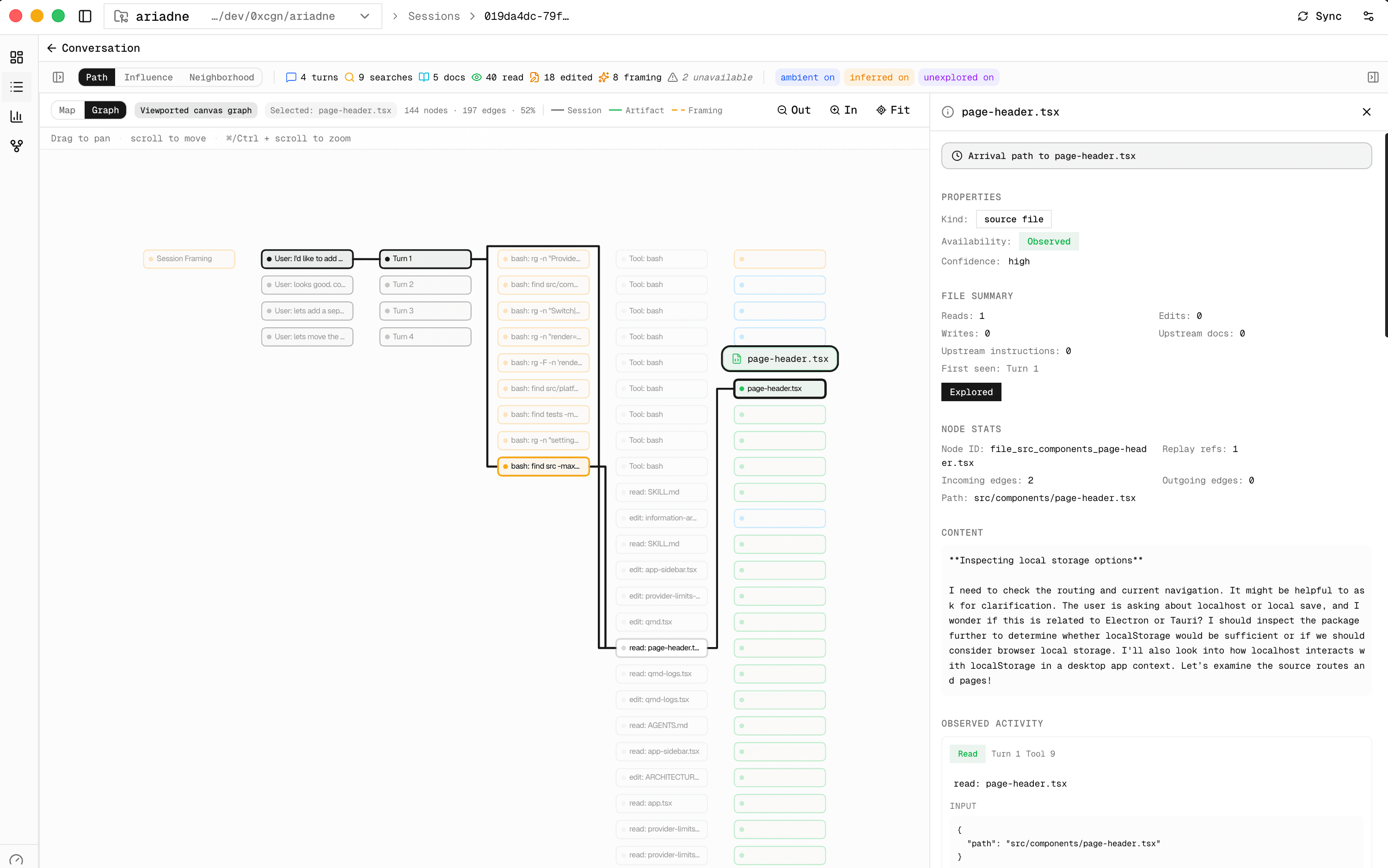 Ariadne exploration graph view showing the path followed through files and actions during a session