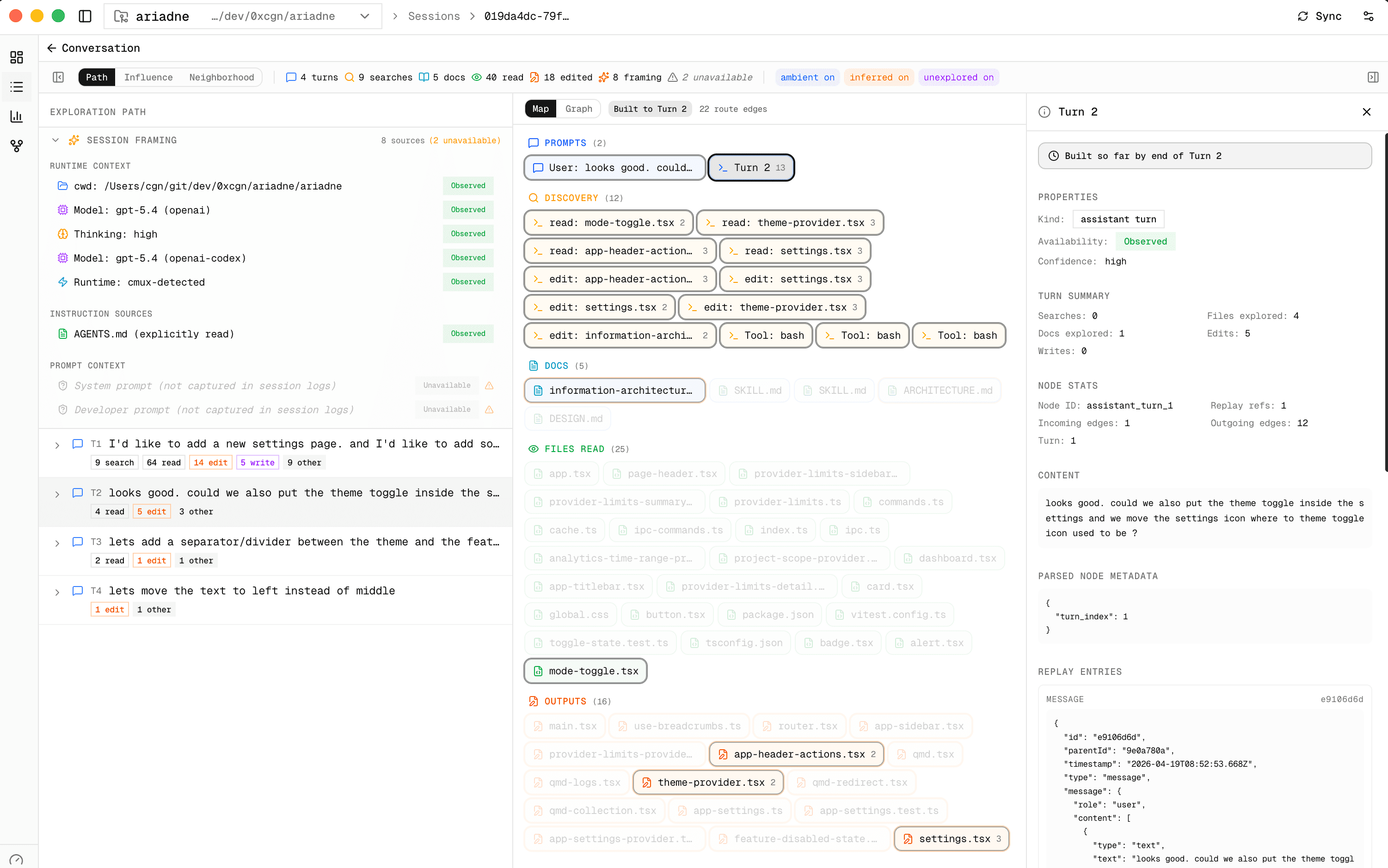 Ariadne exploration view showing a raw map of session events, files, and relationships