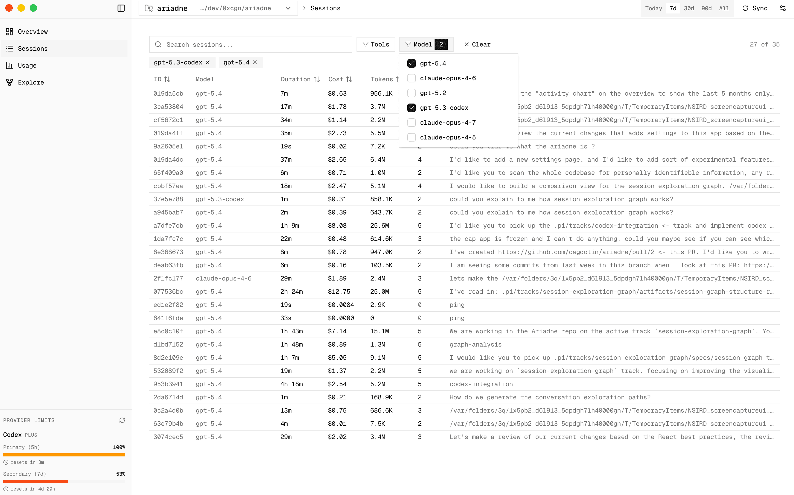 Ariadne sessions page showing a list of coding sessions for browsing and drilldown